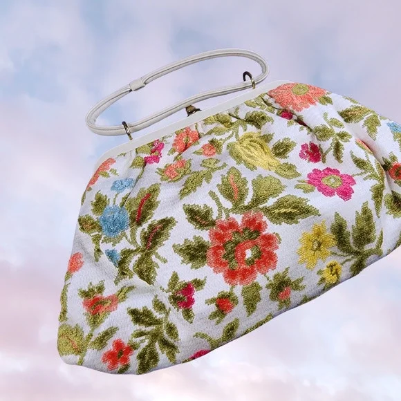 Vtg 60s Colorful White Red Yellow Blue Green Retro Tapestry Floral Hand Bag - Picture 3 of 8